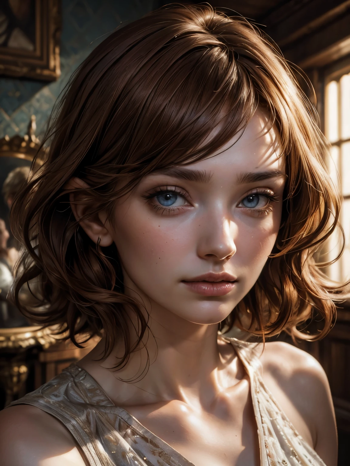 A photorealistic close-up portrait of Eleanor Tomlinson, looking directly at the viewer, wide jaw, strong chin, closeup, close-up, with light makeup, extremely detailed eyes, red curly hair in a long and scruffy bob style, hair framing face, fierce expression, one eyebrow raised, A detailed symmetrical realistic face, naked, highly detailed natural texture, masterpiece, absurdes, extremely detailed, astonishing, fine detail, couleurs riches, hyper realistic texture, dramatic lighting