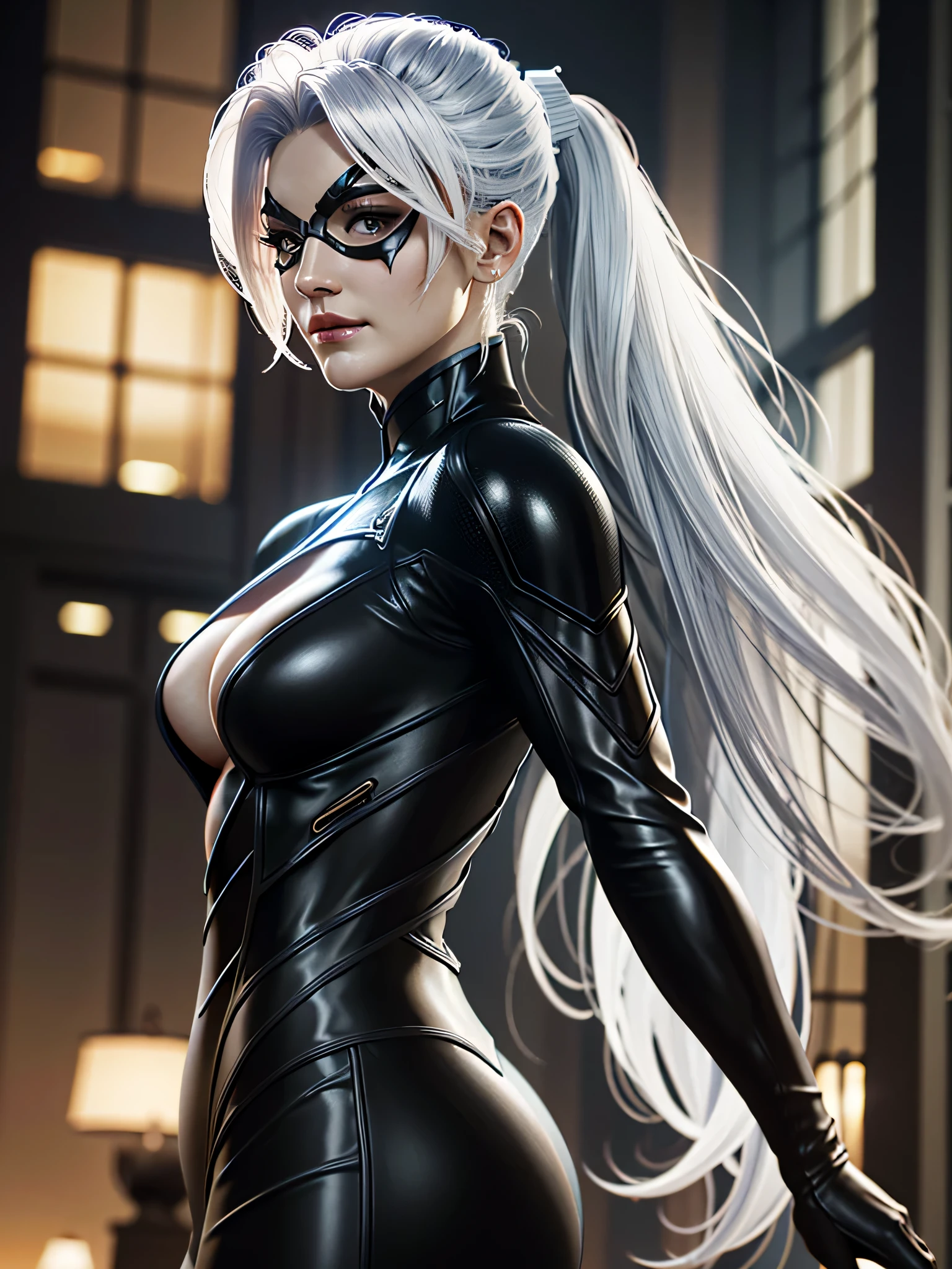 ((ultra detailed, masterpiece, absurdres))
 SpiderBlackCat, Minka Kelly, mask, white hair, long hair, Side view with a playful expression