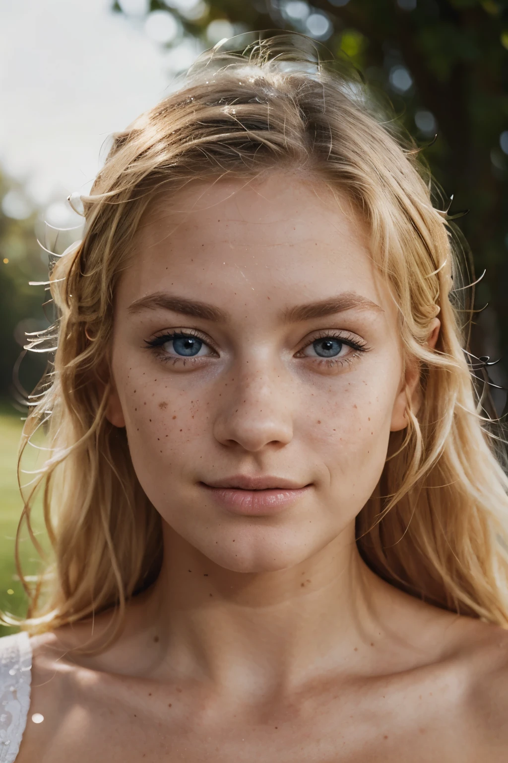 beautiful blond scandinave lady, (very smooth freckles on the nose), little and fine nose, smile, blue hazel eyes, luscious little mouth, dark makeup, hyperdetailed photography, soft light, head and shoulders portrait, cover, face on camera