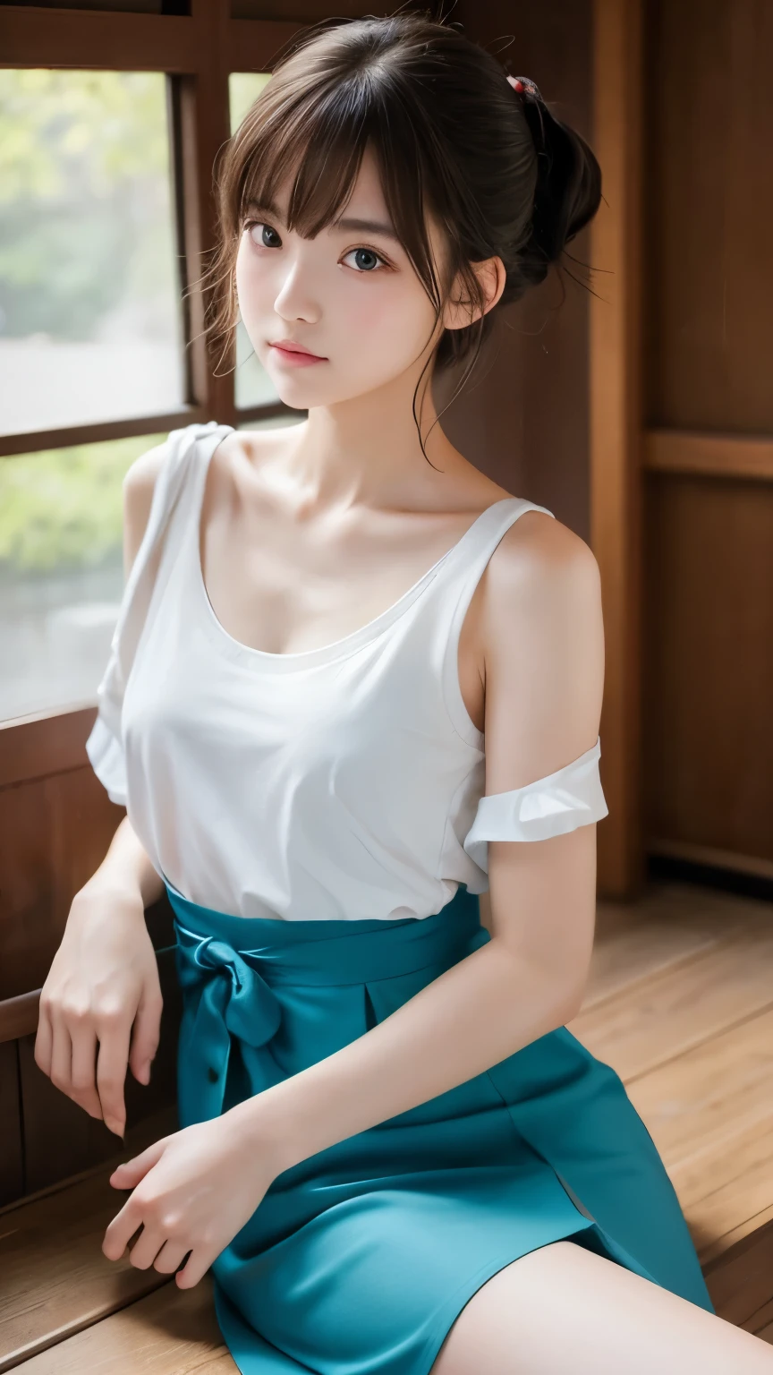 Caucasian girl、Background Blur、super high quality、sunlight、Fair-skinned beautiful girl、disheveled bob hair、Small breasts、Small breastsの谷間、Fleeting Expression、Clear contours、Adult atmosphere、high resolution skin、Fair and beautiful thighs、Kyudo uniform、Ready your bow、Hair tied up、Well-formed face、Beautiful clavicle