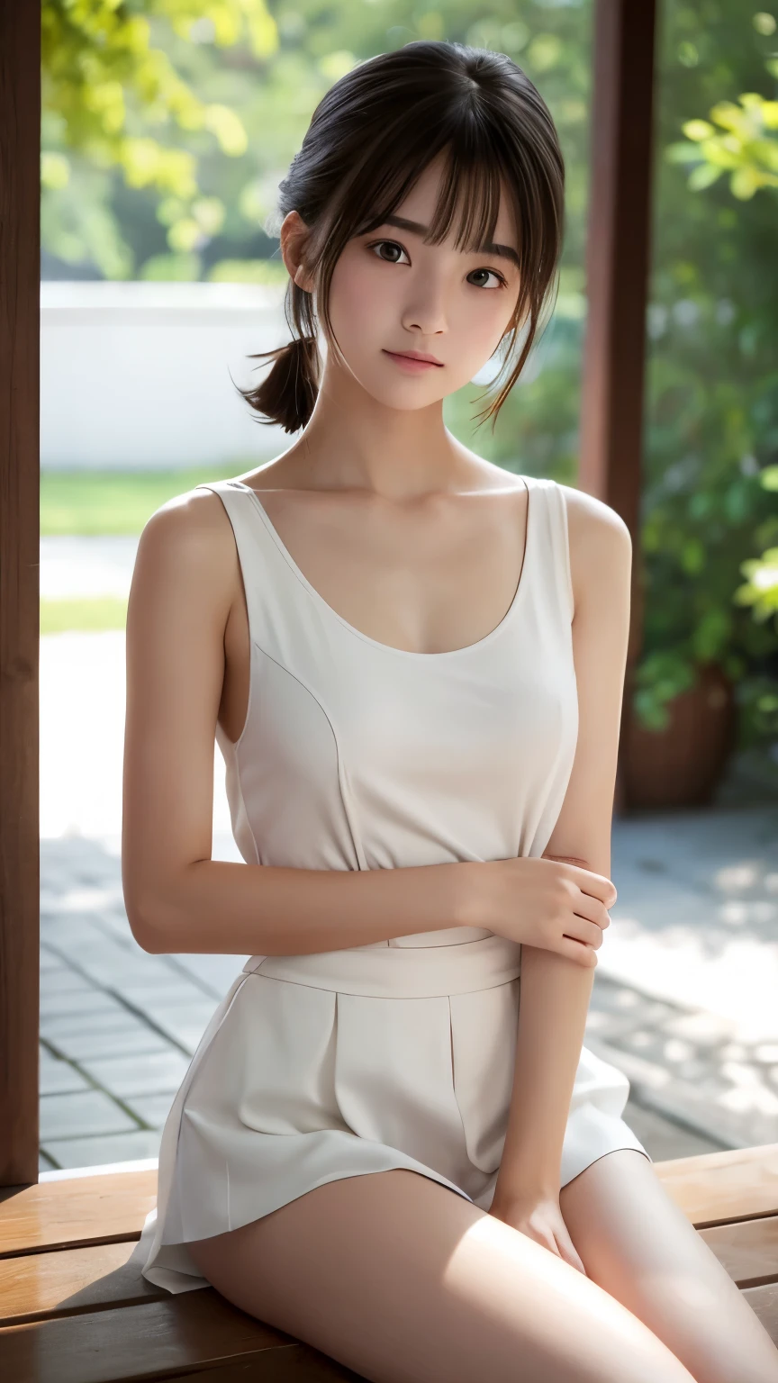 Neat college girl, petiong white camisole, white panties), outside the athletic field, (slim, small, flat, small), photorealistic, detail, skin texture, super detail, delicate and sexy collarbone, troubled expression, super detailed face, detailed lips, detailed eyes, double eyelids, all fours, sexy pose, very troubled face