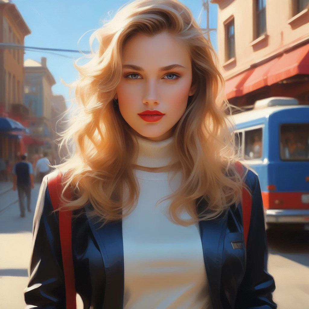 portrait photograph of a srstjms ,  as a movie star, blonde, red lipstick, turtleneck sweater, buttoned up jacket, (trousers), modelshoot style, (extremely detailed CG unity 8k wallpaper), photo of the most beautiful artwork in the world, professional majestic oil painting by Ed Blinkey, Atey Ghailan, Studio Ghibli, by Jeremy Mann, Greg Manchess, Antonio Moro, trending on ArtStation, trending on CGSociety, Intricate, High Detail, Sharp focus, dramatic, photorealistic painting art by midjourney and greg rutkowski, (walking down the street), (looking at viewer), (detailed eyes:1.2),(perfect eyes:1.3), ((closeup portrait:1.2)), (bokeh)