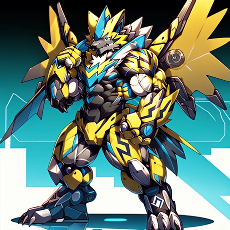 (Pokémon) Zeraora's giant robot.
Gigantic ZERAORA,
GIANT.
Protecting Zeraora's design and color scheme.
wears a black cloak on his back.
whole body shines like metal.
Wearing cyberpunk mecha, emphasizes the muscles.
He wears the same armor as himself from head to foot. (emphasizes the muscles.)
suit fully made of metal,
intricate armor, Robotic suit, suit fully made of metal, cyborg,
big muscle.
pecs, triceps,
body full of huge muscles.
unusually developed muscular body,
A Zeraora at the bodybuilding competition,
massive,
huge muscular bodybuilder with extraordinary biceps, pecs, triceps, traps, gigachad, 300 lbs.
The claws are sharp, Sharp teeth,
with huge golden laser sword,
metallic eagle shaped wings,
BLACK armor.