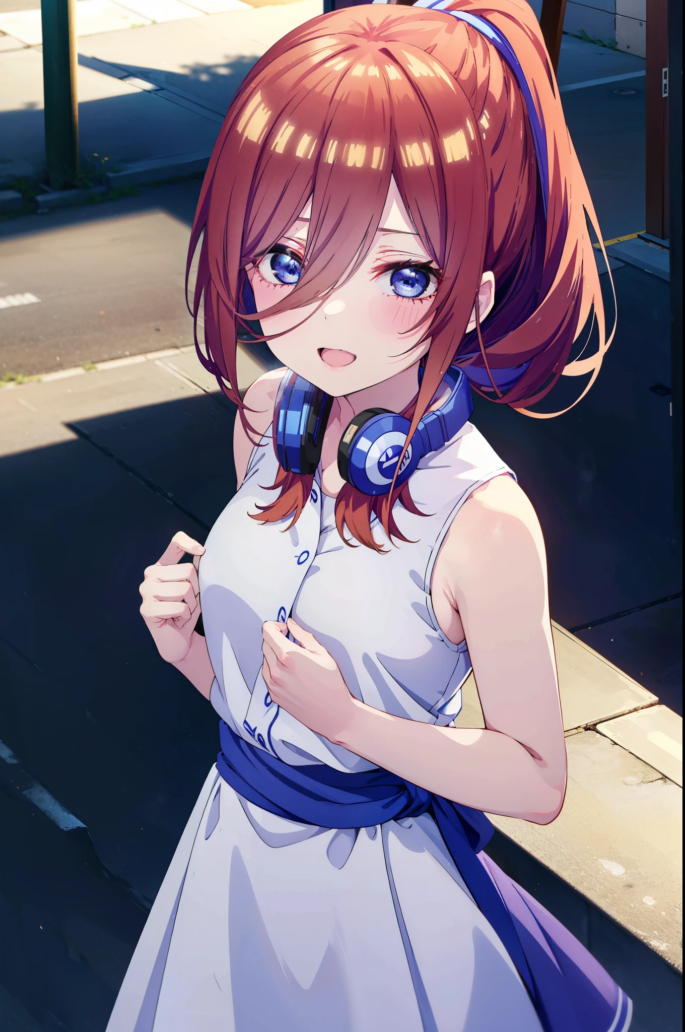 Miku Nakano, Miku Nakano, Long Hair, bangs, blue eyes, Brown Hair,ponytail,Blue Hairband ,Hair between the eyes, Headphones around neck,White sleeveless dress,Bare shoulders,Bare arms,Long skirt,Cute Sandals,Daytime,Clear skies,happy smile, smile, Open your mouth,So that the whole body goes into the illustration,Looking up from below,
break outdoors, In town,Building district,
break looking at viewer, (Cowboy Shot:1. 5)
break (masterpiece:1.2), highest quality, High resolution, unity 8k wallpaper, (figure:0.8), (Beautiful fine details:1.6), Highly detailed face, Perfect lighting, Highly detailed CG, (Perfect hands, Perfect ???????),
