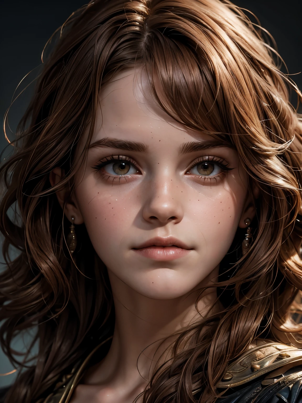 A photorealistic close-up portrait of Emma Watson, looking directly at the viewer, wide jaw, strong chin, closeup, close-up, with light makeup, extremely detailed eyes, red curly hair in a long and scruffy bob style, hair framing face, fierce expression, one eyebrow raised, A detailed symmetrical realistic face, naked, highly detailed natural texture, masterpiece, absurdes, extremely detailed, astonishing, fine detail, couleurs riches, hyper realistic texture, dramatic lighting