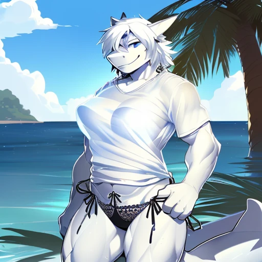 hi res,(((shark, finless shark))), (((not furry))), anthro, (((hair(head)))), aqua blue eyes, (((panties bottom))), (((((((lin\ger\ie panties bottom, s\ex\y panties bottom, side-tie panties, tiny black panties))))))), (((( female, muscular, muscular anthro, muscular female, slim, Skinny)))), female, muscular, muscular anthro, muscular female, slim, Skinny, tail, adults, mature, (((SFW))), ((((((((solo)))))))), ((((female)))), standing with both legs closed, both hands touching on hips, outside, plant, light blue body, sea, tree, (water), detailed background,by milkytiger1145,by takemoto arashi,by null-ghost, cold atmosphere, open smile, soft blue blush, single fin, ((((((((wearing white tshirts)))))))), ((((((muscular thighs, thick thighs, thick calves, wide hips, wide pelvis, curvy figure, volu\ptu\ous figure, both feet are close together., \hourglass \figure,, female body)))))), (((((golden accessory, jewels and ornaments for panties, belly dancer outfit, wide crotch )))))