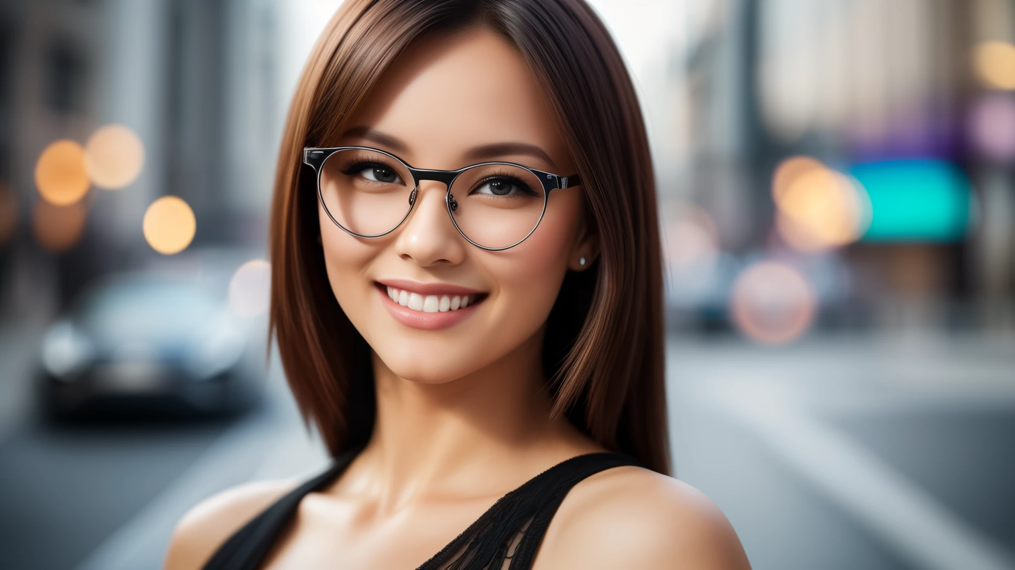 tmasterpiece,best qualtiy,hdr, hyper HD, 8K,Bokeh,Ultra-fine painting,Sharp focus,Physically-based rendering,Extreme detail description,portraitures,half-body photo,looking at viewer, sexy glasses, sexy smile, (EOS R8, 50 millimeters, F1.2, 8K, RAW photo:1.2)