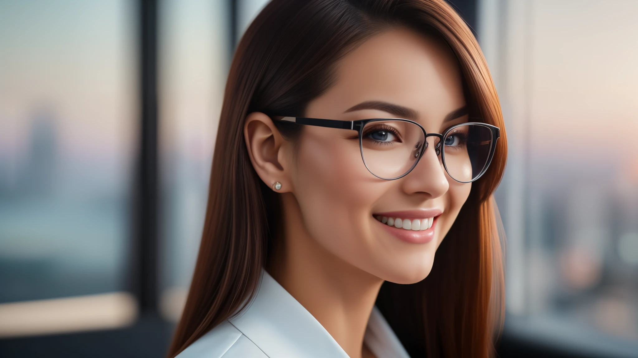 tmasterpiece,best qualtiy,hdr, hyper HD, 8K,Bokeh,Ultra-fine painting,Sharp focus,Physically-based rendering,Extreme detail description,portraitures,half-body photo,looking at viewer, sexy glasses, sexy smile, (EOS R8, 50 millimeters, F1.2, 8K, RAW photo:1.2)