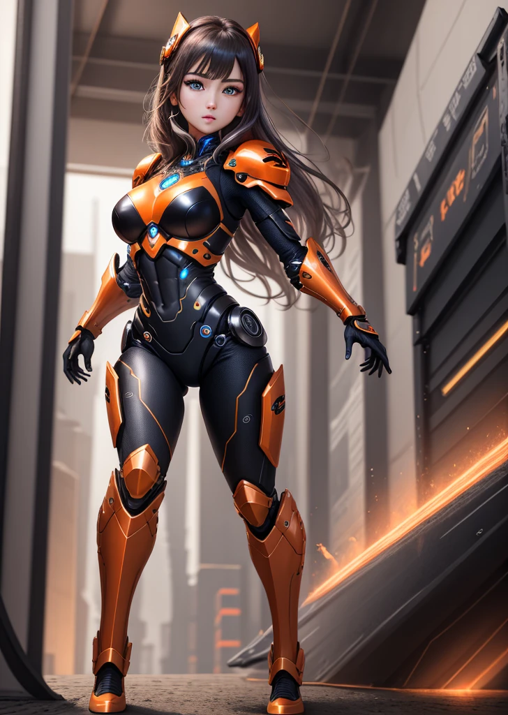 best quality, 8k, photography, beautiful eyes, detailed eyes, giant 3d printer, 1girl, cyborg, full body, perfect body, running, medium breasts, top viewer, orange and black armor