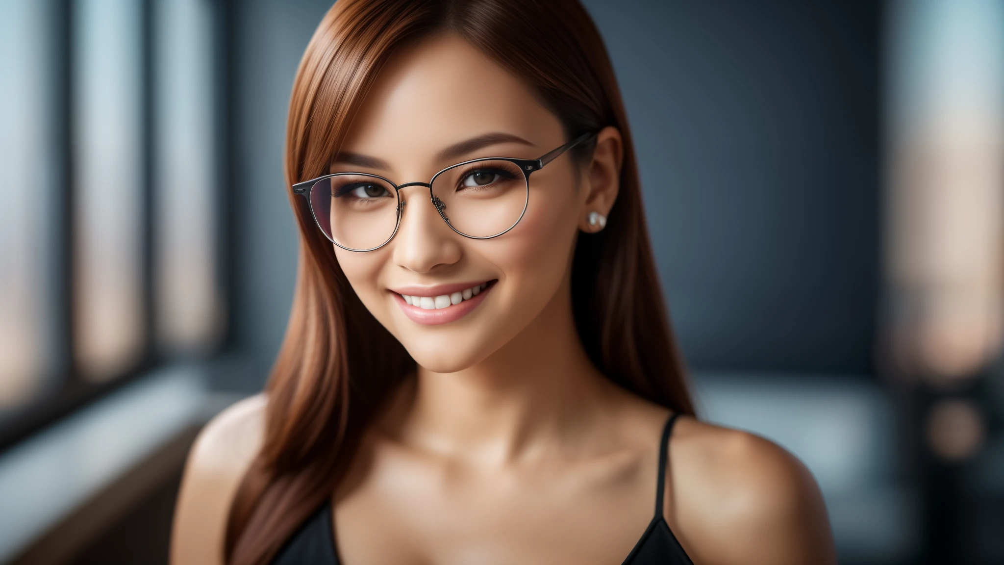 tmasterpiece,best qualtiy,hdr, hyper HD, 8K,Bokeh,Ultra-fine painting,Sharp focus,Physically-based rendering,Extreme detail description,portraitures,half-body photo，looking at viewer, sexy glasses, sexy smile, (EOS R8, 50 millimeters, F1.2, 8K, RAW photo:1.2)