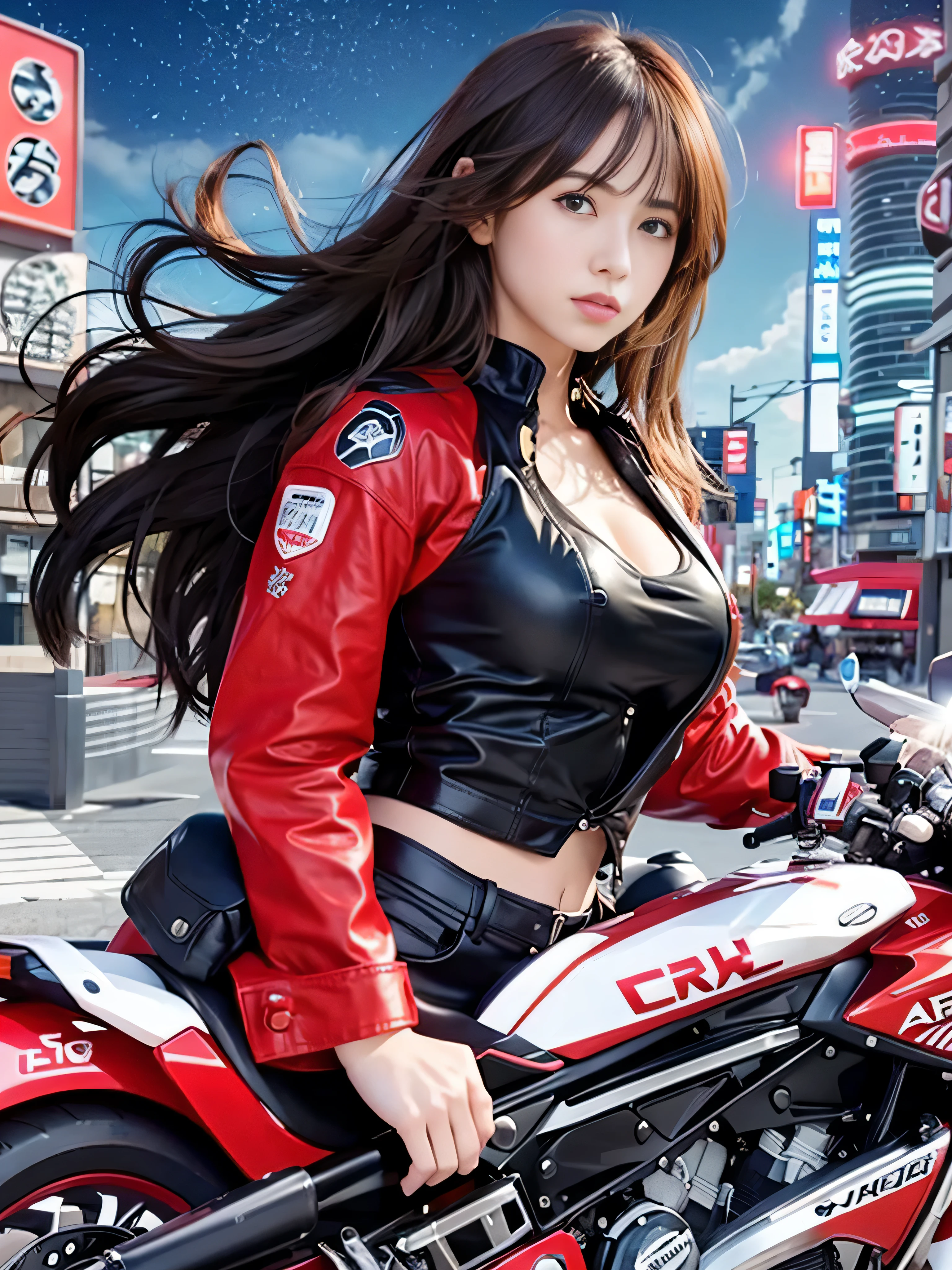 RAW quality, Official Art, highest quality, masterpiece, (Photorealistic:1.4), ((Ultra-Realistic Details)), Portrait, Global Illumination, Shadow, Octane Rendering, 8k, Super sharp, Japanese, One Girl, , Brown hair blowing in the wind, Detailed facial details, Almond-shaped, sky-blue eyes, Long eyelashes, Glossy Lips, Tsundere and playful expression, Low rise leather pants, White tank top, Cleavage, Big breasts and small waist, Red Down Jacket, ((Ride Akirabike:1.4)), night, Background of the Tokyo of the Future, great screen, Shallow い depth of writing, Blurred Background, Biologically correct,