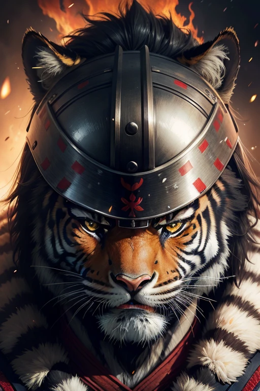 Retrato realista em close-up ultra HD,A samurai wearing a war mask, Rugas ,Facial expressions show strong emotions with a tiger