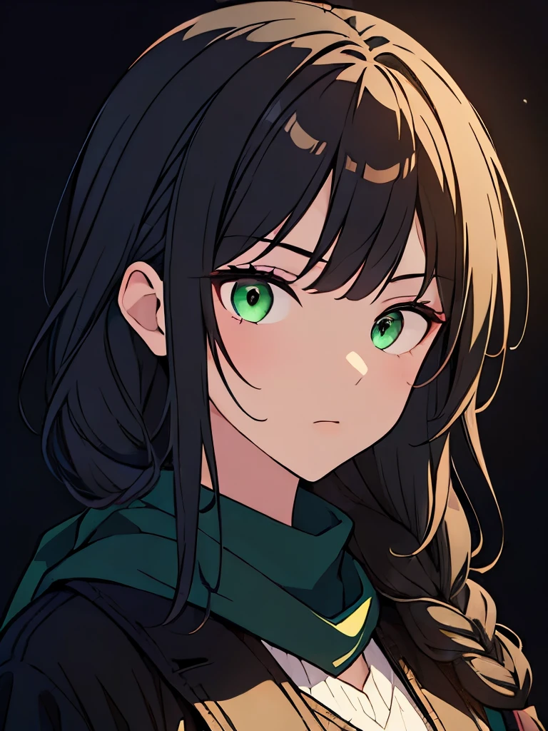 [(black background:1.5)::5], (masterpiece:1.2), (upper body:1.5), (portrait), 1girl, best quality, game cg, perfect face, detailed eyes, shoulder length hair, black hair, green eyes, serious face, looking at viewer, centered, black coat and scarf, single braid