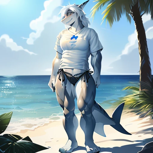 hi res,(((shark, finless shark))), (((not furry))), anthro, (((hair(head)))), aqua blue eyes, (((panties bottom))), (((((((lin\ger\ie panties bottom, s\ex\y panties bottom, side-tie panties, tiny black panties))))))), (((( female, muscular, muscular anthro, muscular female, slim, Skinny)))), female, muscular, muscular anthro, muscular female, slim, Skinny, tail, adults, mature, (((SFW))), ((((((((solo)))))))), ((((female)))), standing with both legs closed, both hands putting on hips, outside, plant, light blue body, sea, tree, (water), detailed background,by milkytiger1145,by takemoto arashi,by null-ghost, cold atmosphere, open smile, soft blue blush, single fin, ((((((((wearing white tshirts)))))))), ((((((muscular thighs, thick thighs, thick calves, wide hips, wide pelvis, curvy figure, volu\ptu\ous figure, both feet are close together., \hourglass \figure,, female body)))))), (((((golden accessory, jewels and ornaments for panties, belly dancer outfit, wide crotch )))))