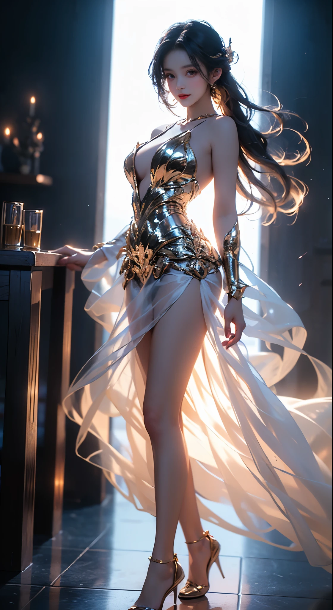 glowing,, ((Bare shoulders)), ((Full breasts)), ((The skirt is short)), ((Sexy legs)), ((whole body)), Practical, Fashion girl, Red lips, Mature women, Exquisite makeup, big eyes, beautiful, (best quality, masterpiece:1.2), Ultra Detailed, (Practical:1.37), ((Random scenes, Random shooting angles)), ((Sexy long legs)), Young and energetic, Charming model, (Delicateeyes, Delicate lips), Show a bright smile, Create stunning girl images, warm color, Very high color saturation, Official Art, Extremely detailed CG, Unity 8K Wallpaper, (High Dynamic Range :1.4), (Movie atmosphere),(Soft colors), (Natural skin texture, ultra-Practical, Soft Light, sharp),(Very detailed), night, moonlight