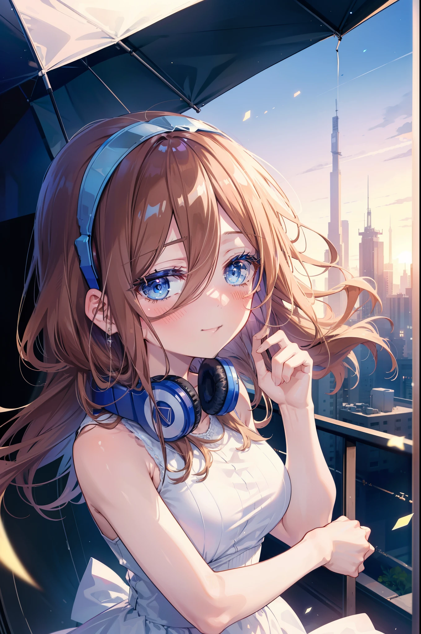 Miku Nakano, Miku Nakano, Long Hair, bangs, blue eyes, Brown Hair, Blue Hairband ,Hair between the eyes, Headphones around neck,smile,blush,White sleeveless dress,Bare shoulders,Bare arms,Long skirt,Cute Sandals,Daytime,Clear skies,happy smile, smile, Open your mouth,So that the whole body goes into the illustration,Looking up from below,
break outdoors, In town,Building district,
break looking at viewer, (Cowboy Shot:1. 5)
break (masterpiece:1.2), highest quality, High resolution, unity 8k wallpaper, (figure:0.8), (Beautiful fine details:1.6), Highly detailed face, Perfect lighting, Highly detailed CG, (Perfect hands, Perfect Anatomy),