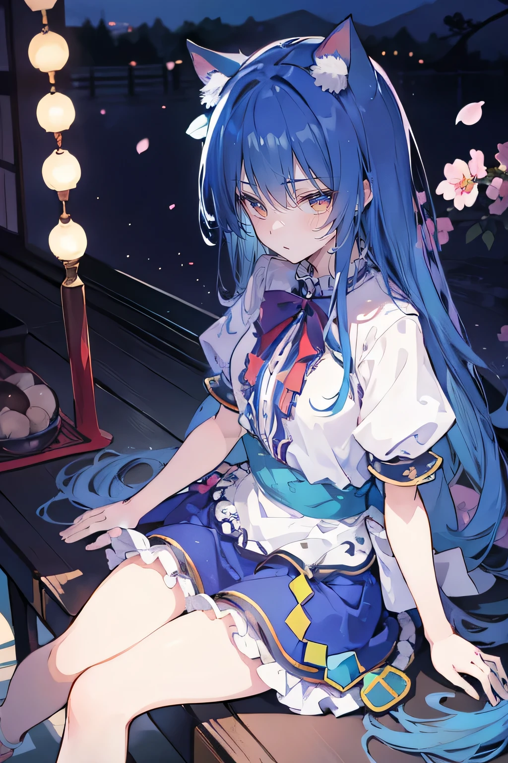 (masterpiece:1.2),ultra-detailed,realistic,expressive eyes,fair-skinned,perfectly shaped face,1girl,
Japanese cartoons,Gorgeous blue hair, flowing blue hair,floating clothes,cat ears,petals falling,beautiful Lola,Hina Angel,
hands on waist,gracefully sitting on the ground,legs crossed,gentle and serene background,cool and comfortable pavilion,night ,