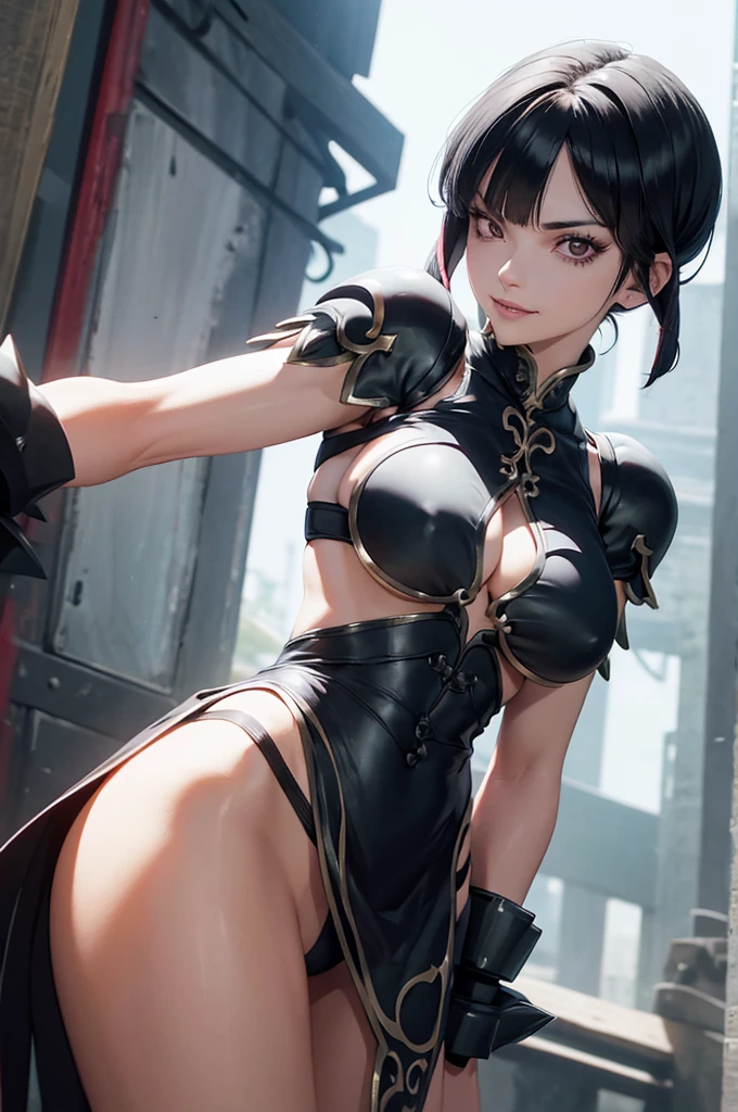 mulher jovem,short black hair , badass , full ancient armor,coxas torneadas,Evil Smile,juri han,chifres de cabelo,detalhes do corpo
