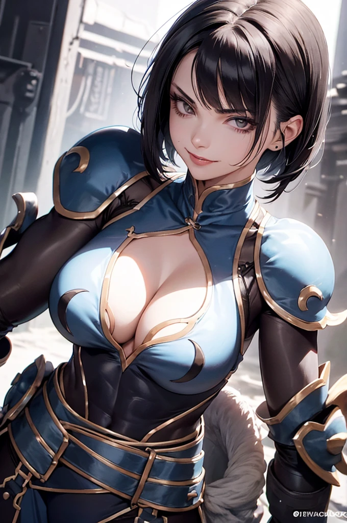 mulher jovem,short black hair , badass , full ancient armor,coxas torneadas,Evil Smile,juri han,chifres de cabelo,detalhes do corpo