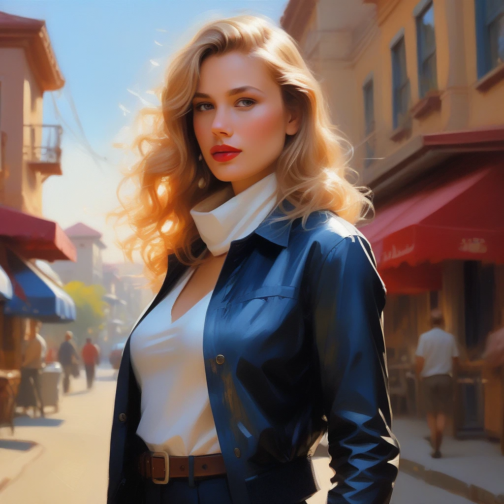 portrait photograph of a srstjms ,  as a movie star, blonde, red lipstick, turtleneck sweater, buttoned up jacket, (trousers), modelshoot style, (extremely detailed CG unity 8k wallpaper), photo of the most beautiful artwork in the world, professional majestic oil painting by Ed Blinkey, Atey Ghailan, Studio Ghibli, by Jeremy Mann, Greg Manchess, Antonio Moro, trending on ArtStation, trending on CGSociety, Intricate, High Detail, Sharp focus, dramatic, photorealistic painting art by midjourney and greg rutkowski, (walking down the street), (looking at viewer), (detailed eyes:1.2),(perfect eyes:1.3), ((closeup portrait:1.2)), (bokeh)