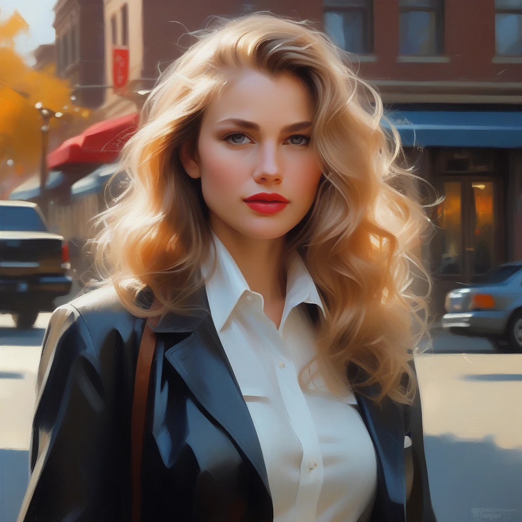 portrait photograph of a srstjms ,  as a movie star, blonde, red lipstick, turtleneck sweater, buttoned up jacket, (trousers), modelshoot style, (extremely detailed CG unity 8k wallpaper), photo of the most beautiful artwork in the world, professional majestic oil painting by Ed Blinkey, Atey Ghailan, Studio Ghibli, by Jeremy Mann, Greg Manchess, Antonio Moro, trending on ArtStation, trending on CGSociety, Intricate, High Detail, Sharp focus, dramatic, photorealistic painting art by midjourney and greg rutkowski, (walking down the street), (looking at viewer), (detailed eyes:1.2),(perfect eyes:1.3), ((closeup portrait:1.2)), (bokeh)