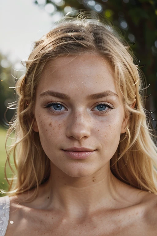 beautiful blond scandinave lady, (very smooth freckles on the nose), little and fine nose, smile, blue hazel eyes, luscious little mouth, dark makeup, hyperdetailed photography, soft light, head and shoulders portrait, cover, face on camera