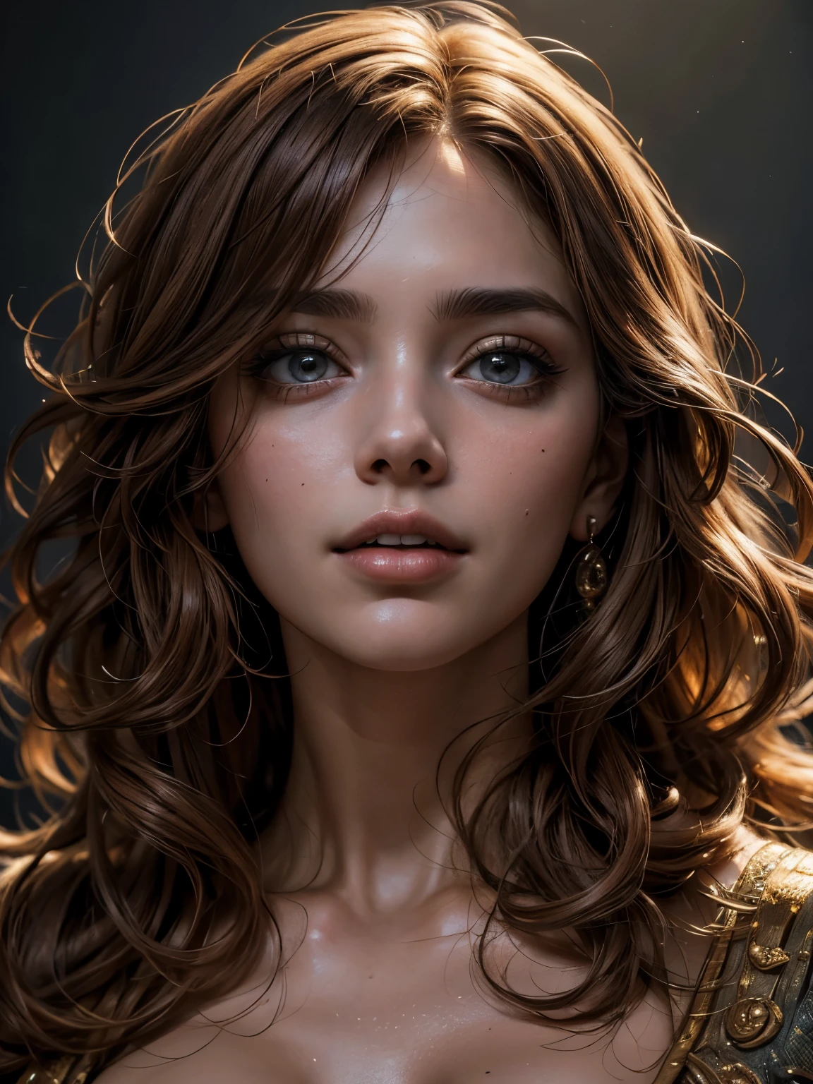 A photorealistic close-up portrait of Ana De Armas, looking directly at the viewer, wide jaw, strong chin, closeup, close-up, with light makeup, extremely detailed eyes, red curly hair in a long and scruffy bob style, hair framing face, laughing, one eyebrow raised, A detailed symmetrical realistic face, naked, highly detailed natural texture, masterpiece, absurdes, extremely detailed, astonishing, fine detail, couleurs riches, hyper realistic texture, dramatic lighting