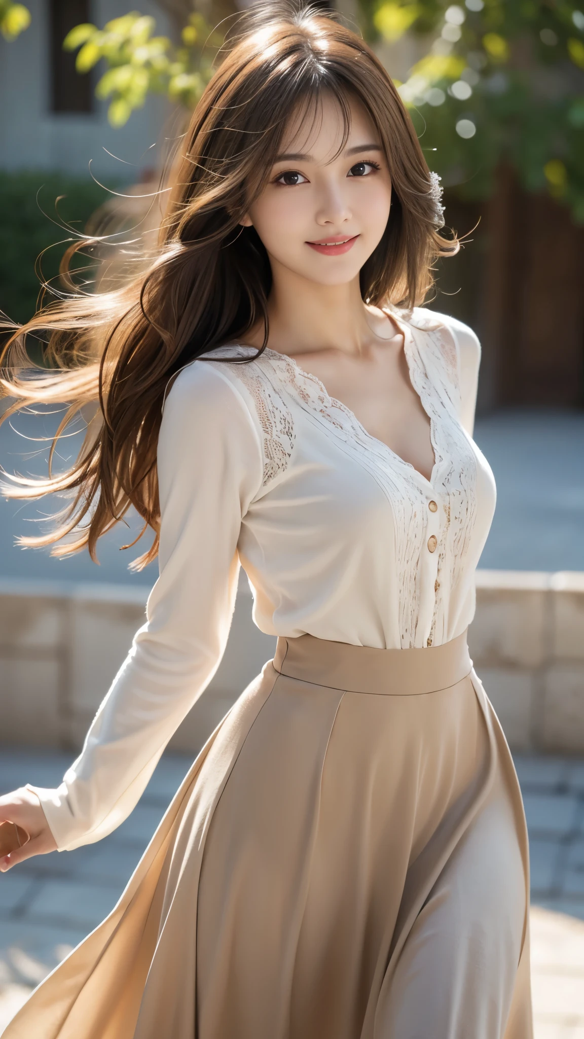 whole body, best quality, Practical, Ultra Detailed, Finely, high resolution, 8k wallpaper, 1 beautiful woman,, Light brown messy hair, Wearing a long skirt, Clear focus, Perfect dynamic composition, Beautiful and delicate eyes, Thinning hair, Detailed Practical skin texture, Smile, Close-up figure, Model figure