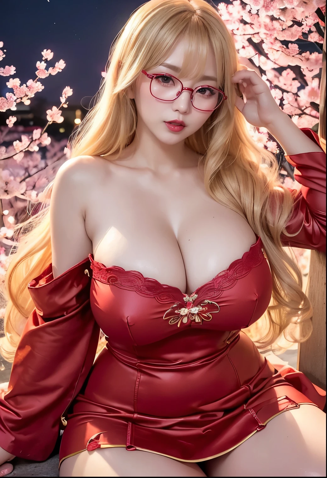 Taiwanese idol girl　Mature Woman　Blonde wavy hair with bangs　(Bright red rouge lips)　Chubby　Plump　((Rimless glasses))　Large Breasts　Super big boobs　Big Tits　Big eyes　SakuraFubuki　((Gorgeous super shiny long Chinese dress))　((Knee-high boots)) garter belt　8K　Photorealistic　((Cherry blossoms in full bloom at night))　(A large amount of falling cherry blossom petals)　((Armpit))