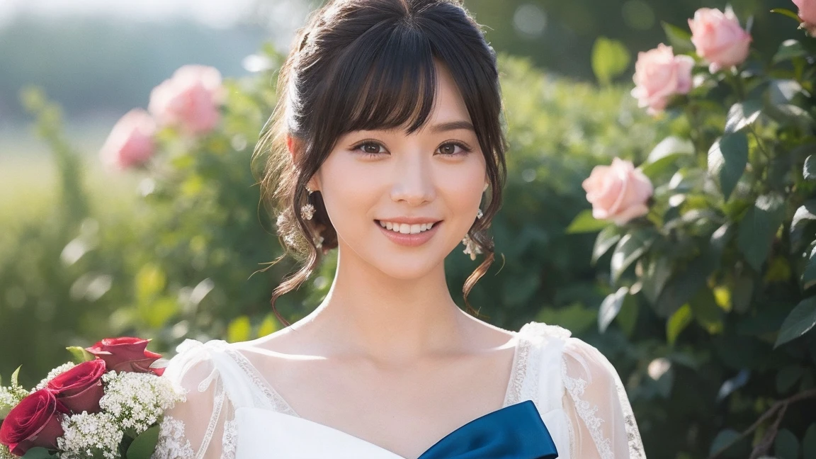 Medium Size Display, Medium Shot, Written boundary depth, bust, Upper Body, Movie angle, masterpiece, Highest quality, Very detailed, CG, 8k wallpaper, Beautiful Face, Delicate eyes, Otome, alone, smile, bangs, skirt, Formal blouse, Bouquet of lilies