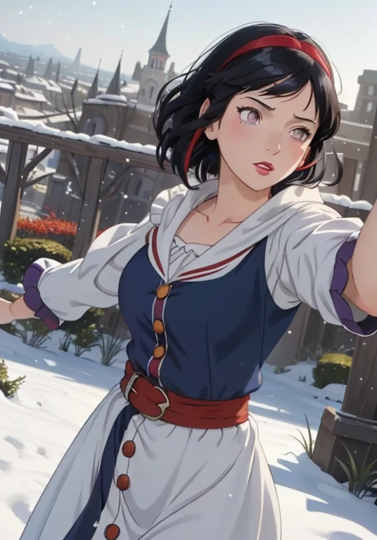 (snow whiteワイフ:1), surprised, Beautiful pose, Looking at the audience, Thick thighs, ( dress,Luffy Sleeve:1.3), (short curly Dark blue hair, Blunt bangs,Red hair band with ribbon)
(Realistic: 1.2), (realism), (masterpiece: 1.2), (highest quality), (Super detailed), (8k, 4K, Complex), (Full Body Shot: 1), (Cowboy Shot: 1.2), (85mm), Particles of light, Lighting, (Very detailed: 1.2), (Detailed face: 1.2), (Gradation), SFW, colorful, (Fine grain: 1.2), snow white

(Detailed landscape, garden, plant, city: 1.2), (Detailed Background), Detailed landscape, (Dynamic Angle: 1.2), (Dynamic pose: 1.2), (The rule of thirds_composition: 1.3), (Course of action: 1.2), Wide Shot, Dawn, soil, Blunt bangs, Purple eyes,Dark blue hair,Soft red lips,White skin