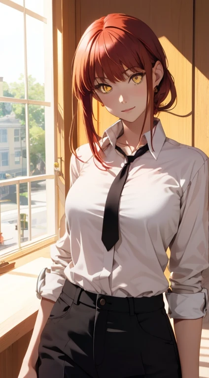 (masterpiece, best quality:1.2), solo, 1girl, red hair, yellow eyes, makima,, unbuttoned shirt with collar, on the chest, a lot of, black unbuttoned pants, wide hips,