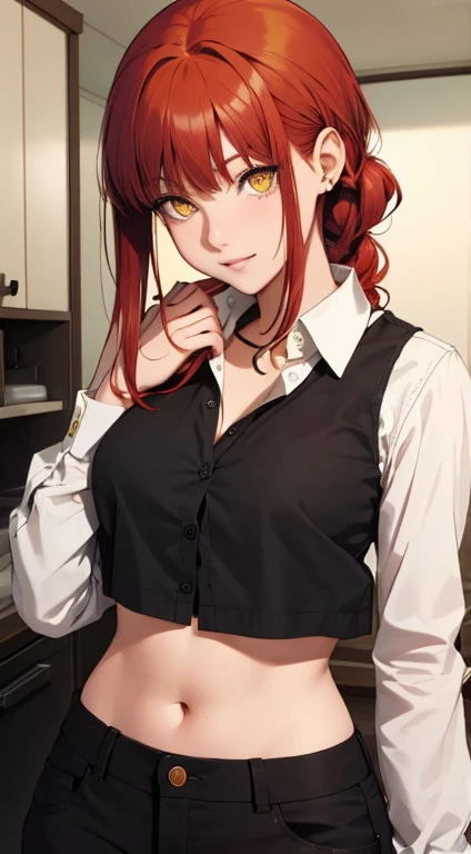 (masterpiece, best quality:1.2), solo, 1girl, red hair, yellow eyes, makima,, unbuttoned shirt with collar, on the chest, a lot of, black unbuttoned pants, wide hips,