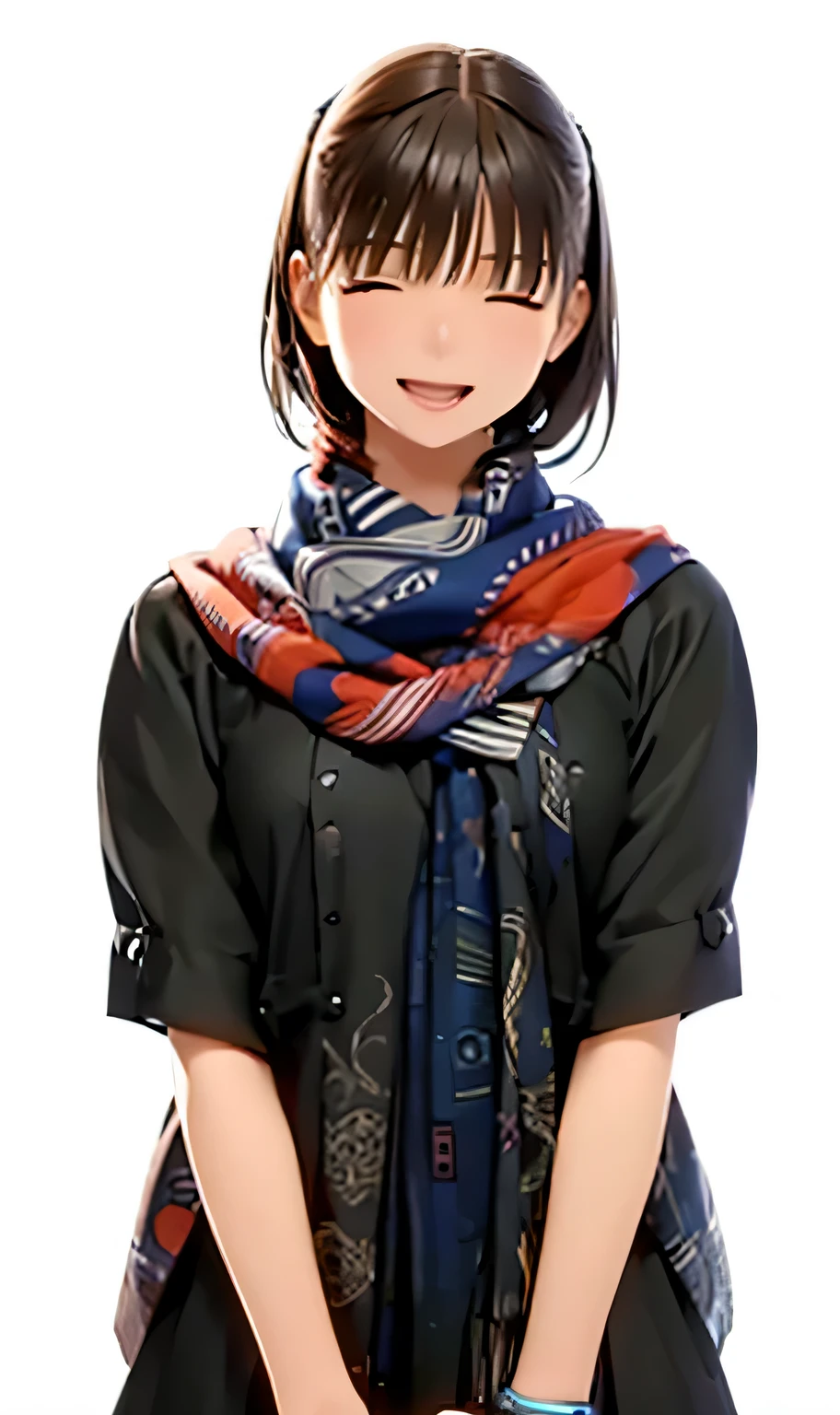 High resolution,In 8K,highest quality,detailed,Semi-realistic anime,Anime 3D Style,Smooth anime CG,One Girl,19-year-old woman in Japan,slim,Modeled,Shiny brown hair,Medium Hair,Detailed face,Beautiful and detailed,Glowing Skin,Wear a long black dress,((A scarf with a detailed blue and red pattern)),straggling hair,Angelic hairstyle,((close your eyes)),(Small breasts),((Open your mouth wide)),((Laughter)),(Looks happy)