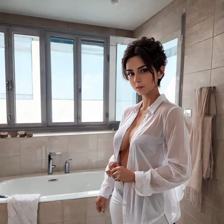 Mujer con una camisa que se le transluce sus pechos, se le ven los pechos,. Se le ven los Pezones, translucent shirts, pelo corto, bathroom