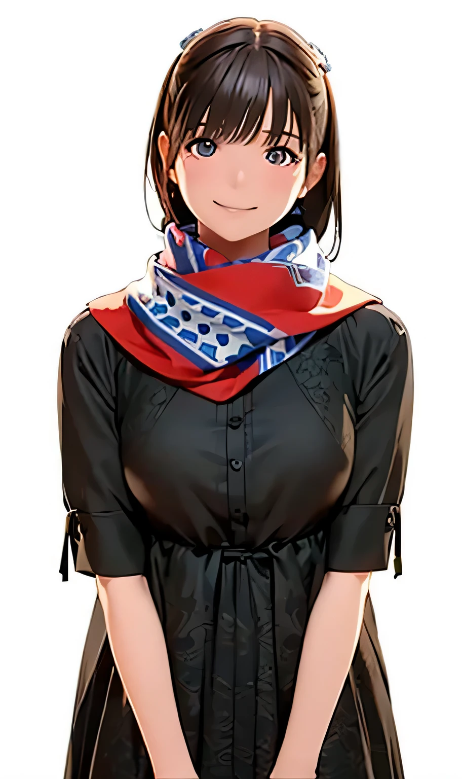 High resolution,In 8K,highest quality,detailed,Semi-realistic anime,Anime 3D Style,Smooth anime CG,One Girl,19-year-old woman in Japan,slim,Modeled,Shiny brown hair,Medium Hair,Detailed face,Beautiful and detailed,Glowing Skin,Wear a long black dress,((A scarf with a detailed blue and red pattern)),straggling hair,Angelic hairstyle,close your eyes,((Laughter)),(Small breasts),((Watching the audience)),((Shut your mouth.)