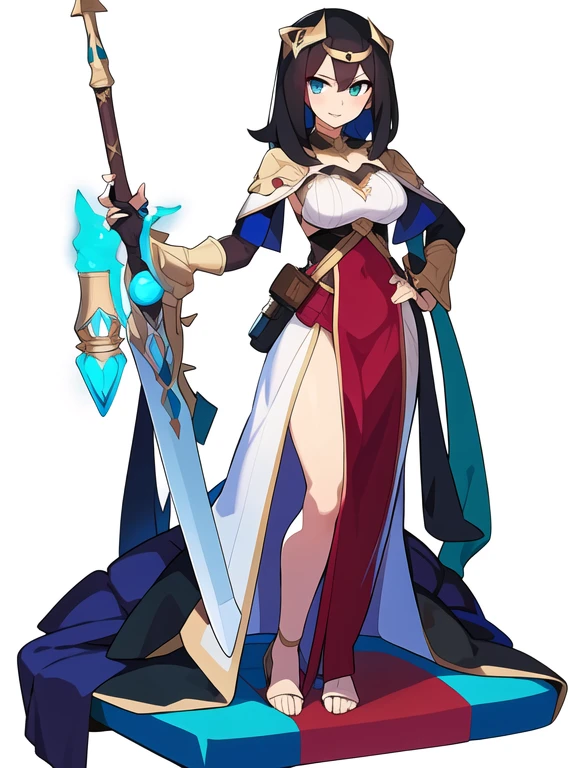 (stand posture), cute eyes, adult woman,, solo, high fantasy outfits, ((white background)), (full body), holding weapon,