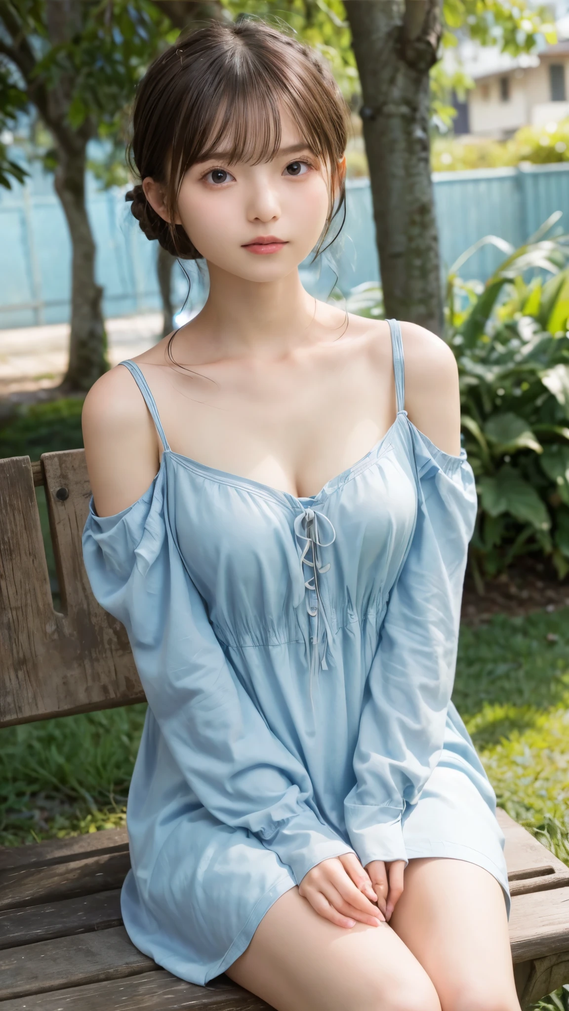 Caucasian 14 year old girl、Background Blur、super high quality、sunlight、Fair-skinned beautiful girl、disheveled bob hair、Young Breasts、Small cleavage、Fleeting Expression、Clear contours、Adult atmosphere、high resolution skin、Fair and beautiful thighs、Innocent face、Hair tied up、Well-formed face、off-the-shoulder wedding dresses、Leaning on the bench、Looking up、Open your mouth(1.3)
