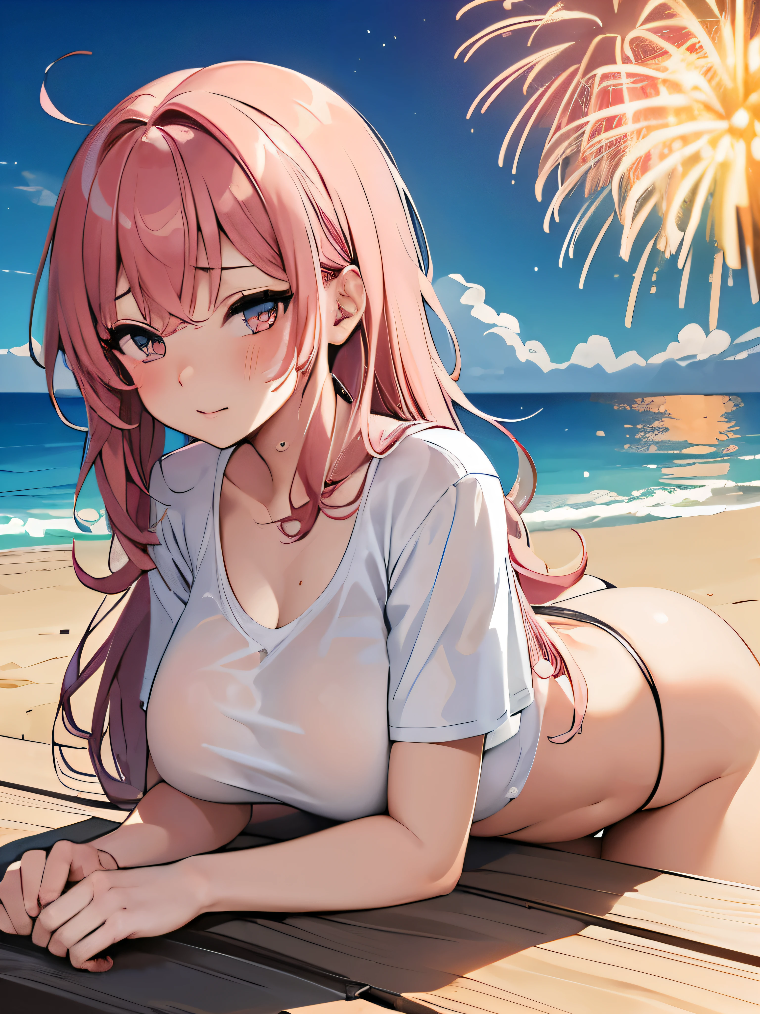 (masterpiece,highest quality, detailed), One girl, alone, Lying on the beach,Point your ass to the camera,Ocean, Fireworks at night, whole body,bikini,Sweat, Ahegao, Roll your eyes, blush, naked、Pink Hair,Messy wavy long hair,open chest white shirt、Black underwear,A tight-fitting shirt、Big Breasts