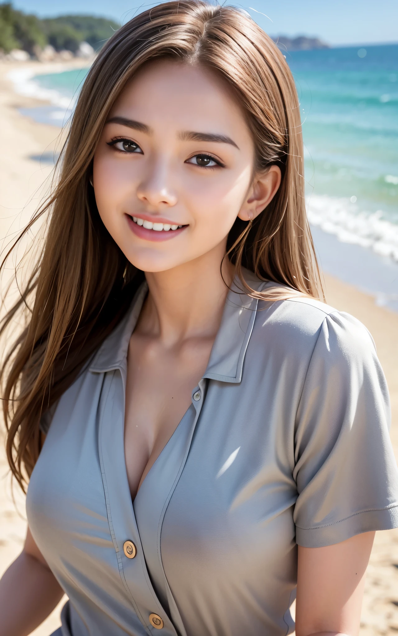 highest quality, figure, Ultra-detailed, finely, High resolution, 8K Wallpaper, 完璧なダイナミックな構figure, ((Sexy pose)), Beautiful Skin, (Big Eyes), 20 year old beauty, Natural color lip, Mid chest, smile, Highly detailed face and skin texture, Detailed eyes, Double eyelid,leaking teeth and laughing, close-up, Beige medium hair, (Grey blouse:1.2), Seaside