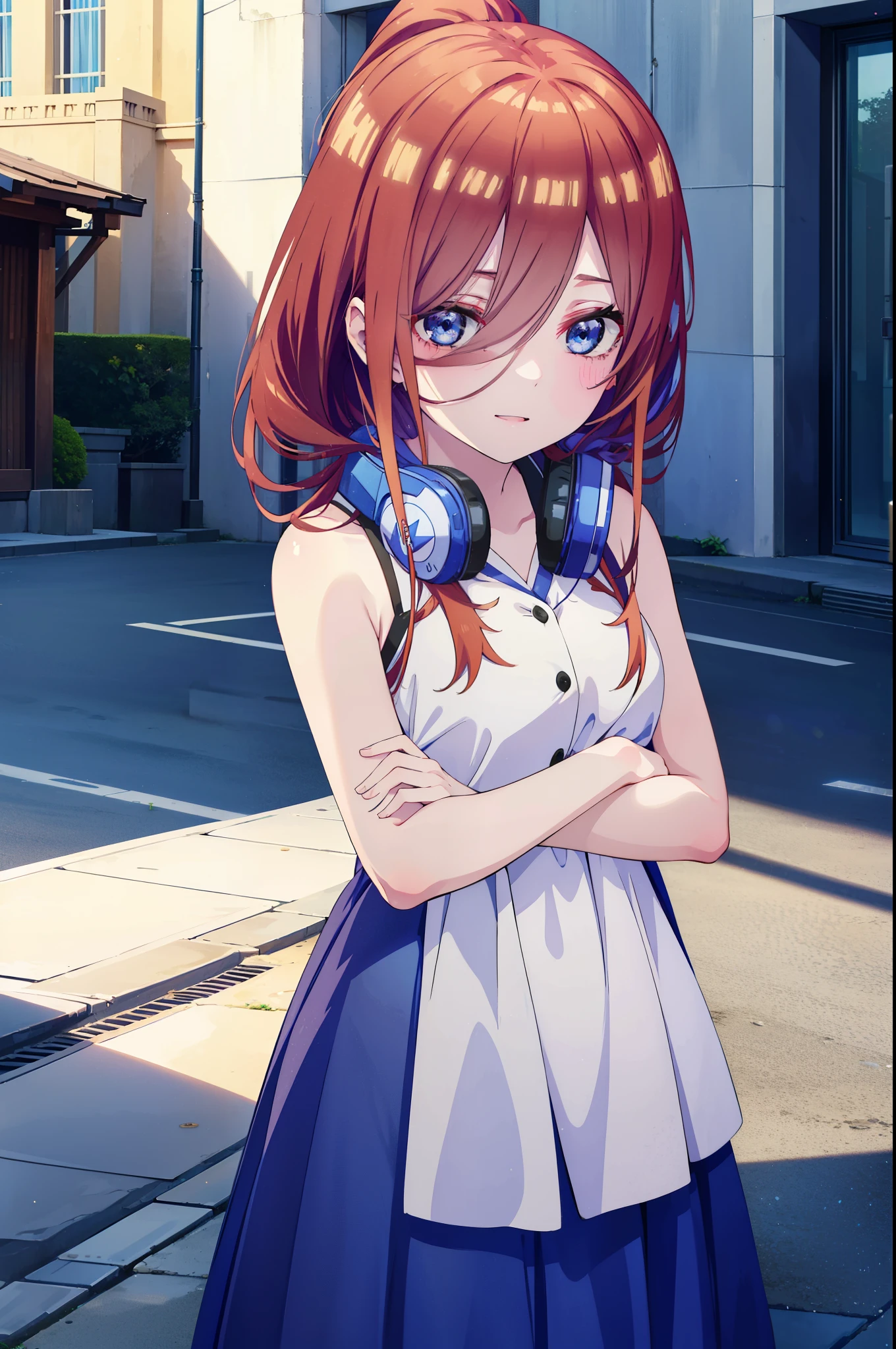 Miku Nakano, Miku Nakano, Long Hair, bangs, blue eyes, Brown Hair,ponytail,Blue Hairband ,Hair between the eyes, Headphones around neck,White sleeveless dress,Bare shoulders,Bare arms,Long skirt,Cute Sandals,Daytime,Clear skies,happy smile, smile, Open your mouth,So that the whole body goes into the illustration,Looking up from below,
break outdoors, In town,Building district,
break looking at viewer,  (Cowboy Shot:1. 5)
break (masterpiece:1.2), highest quality, High resolution, unity 8k wallpaper, (figure:0.8), (Beautiful fine details:1.6), Highly detailed face, Perfect lighting, Highly detailed CG, (Perfect hands, Perfect Anatomy),