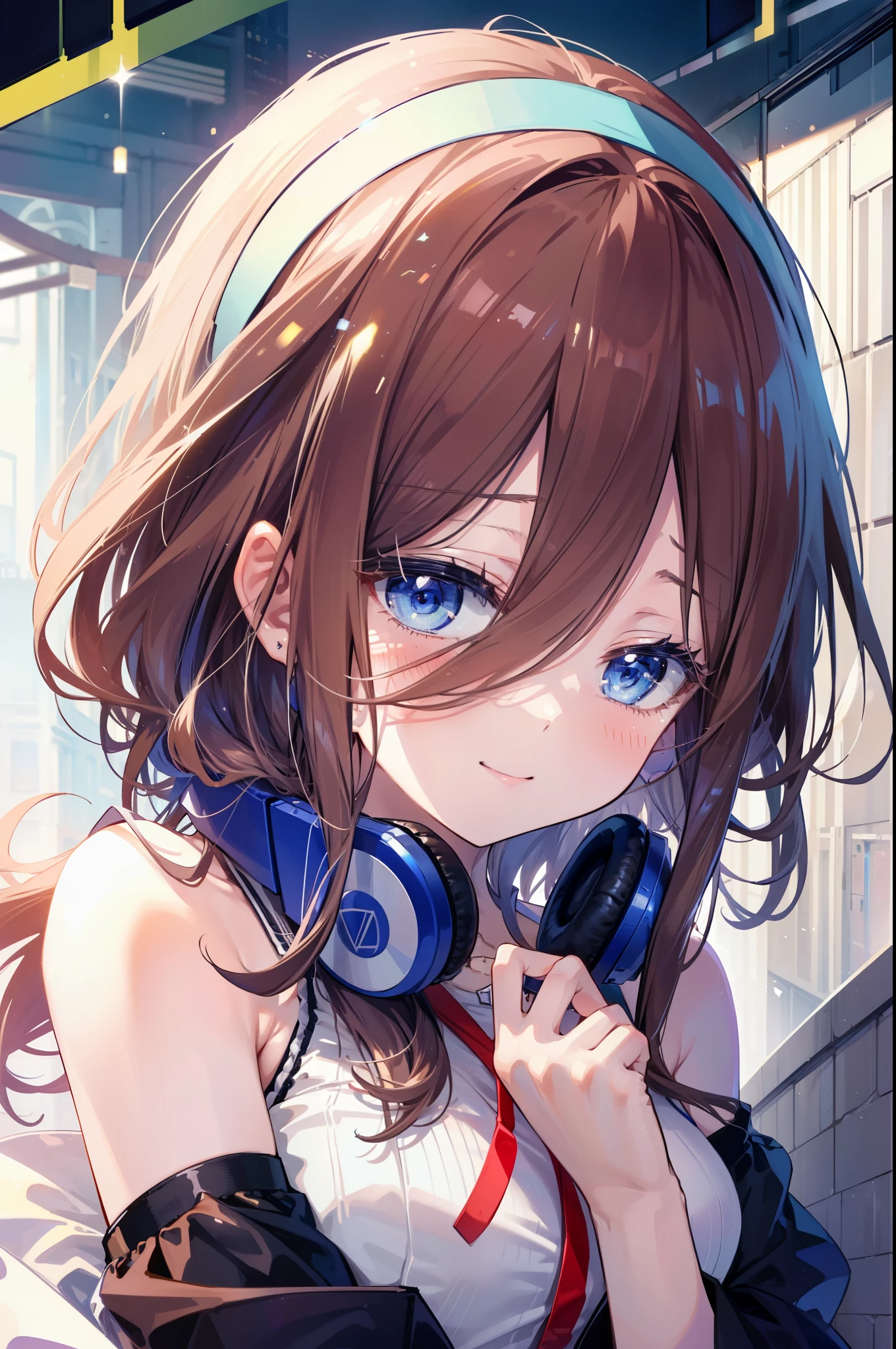 Miku Nakano, Miku Nakano, Long Hair, bangs, blue eyes, Brown Hair, Blue Hairband ,Hair between the eyes, Headphones around neck,smile,blush,White sleeveless dress,Bare shoulders,Bare arms,Long skirt,Cute Sandals,Daytime,Clear skies,happy smile, smile, Open your mouth,So that the whole body goes into the illustration,Looking up from below,
break outdoors, In town,Building district,
break looking at viewer,  (Cowboy Shot:1. 5)
break (masterpiece:1.2), highest quality, High resolution, unity 8k wallpaper, (figure:0.8), (Beautiful fine details:1.6), Highly detailed face, Perfect lighting, Highly detailed CG, (Perfect hands, Perfect Anatomy),