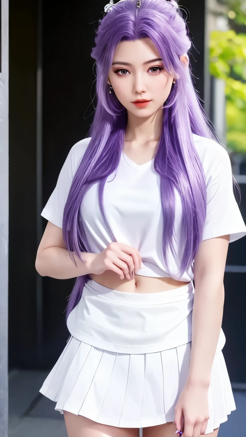 Best quality，masterpiece，Ultra-clear，1 Girl，Purple Hair，Long hair，(White shirt with short sleeves:1.3)，(miniskirt:1.3)，Standing，solo