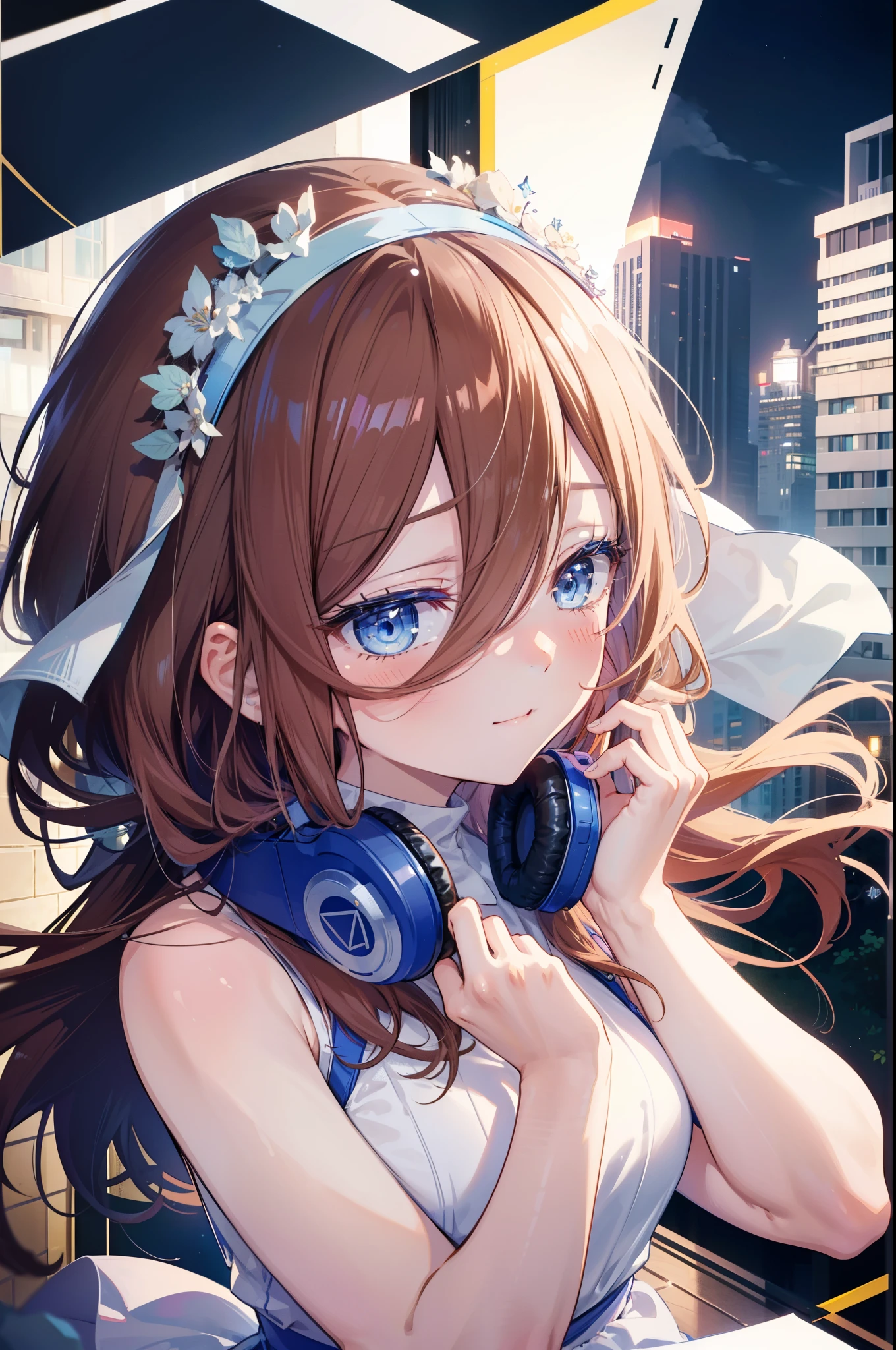Miku Nakano, Miku Nakano, Long Hair, bangs, blue eyes, Brown Hair, Blue Hairband ,Hair between the eyes, Headphones around neck,smile,blush,White sleeveless dress,Bare shoulders,Bare arms,Long skirt,Cute Sandals,Daytime,Clear skies,happy smile, smile, Open your mouth,So that the whole body goes into the illustration,Looking up from below,
break outdoors, In town,Building district,
break looking at viewer, (Cowboy Shot:1. 5)
break (masterpiece:1.2), highest quality, High resolution, unity 8k wallpaper, (figure:0.8), (Beautiful fine details:1.6), Highly detailed face, Perfect lighting, Highly detailed CG, (Perfect hands, Perfect Anatomy),