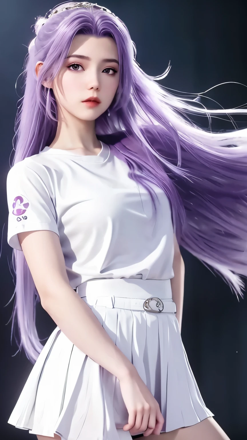 Best quality，masterpiece，Ultra-clear，1 Girl，Purple Hair，Long hair，(White shirt with short sleeves:1.3)，(miniskirt:1.3)，Standing，solo