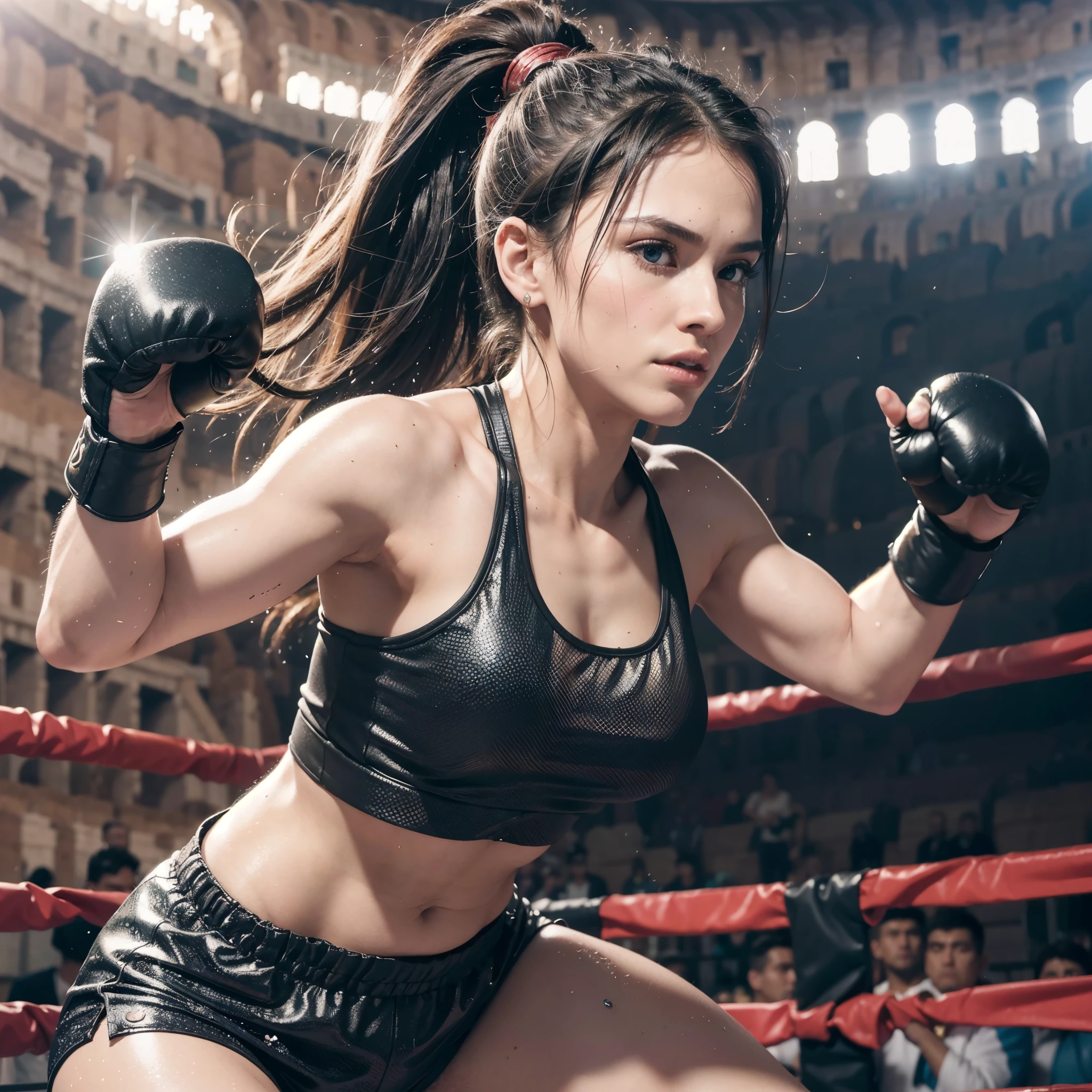 8k, best quality, masterpiece, realistic, real person, Unity 8k wallpaper, (1 girl) , Beautiful eyes, (Delicate face) , Perfect detail, (best lighting) , (Ultra complex details) , (boxing girl) , (sexy), sweat, heavy breathing, (oppressive aggression) , (boxing ring), athletic shorts, perfect detail, perfect fingers, perfect limb, impact, ( shiny skin), abs, muscles, big , waistline, boxing shorts, fist fight, black hair, high ponytail, very long hair, 4k unification, (super detail cg: 1.2), (8k: 1.2), realistic, octane rendering, (((martial arts tournament at the Colosseum in Greece))), strong sunshine, full seats