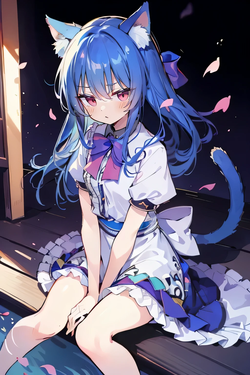 (masterpiece:1.2),ultra-detailed,realistic,expressive eyes,fair-skinned,perfectly shaped face,1girl,
Japanese cartoons,Gorgeous blue hair, flowing blue hair,floating clothes,cat ears,petals falling,beautiful Lola,Hina Angel,
hands on waist,gracefully sitting on the ground,legs crossed,gentle and serene background,cool and comfortable pavilion,night ,