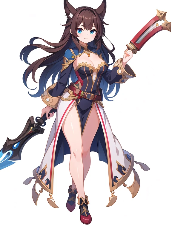 (stand posture), cute eyes, adult woman,, solo, high fantasy outfits, ((white background)), (full body), holding weapon,
