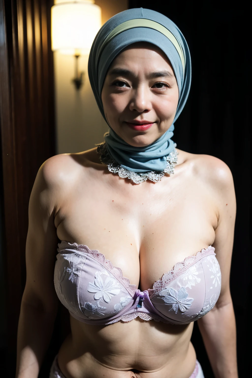 ((Gigantic tits:1.5)), (from behind up) seductive pose, ((Old lady:2.1)), (Happy smile), (((HIJAB MALAY GIRL))), masutepiece, High quality, UHD 32K, Realistic face, Realistic skin feeling , A Japanese Lady, 58 years old matured lady, (((FLAT CHEST))), (Night time at forest), ((look In front at the camera and SADNESS)), (((PURPLE FLUORESCENT LIPS)), ((Floral Pattern)), ((wearing pastel lace strapless bra)), dark night background , black forest night, horror scary place,