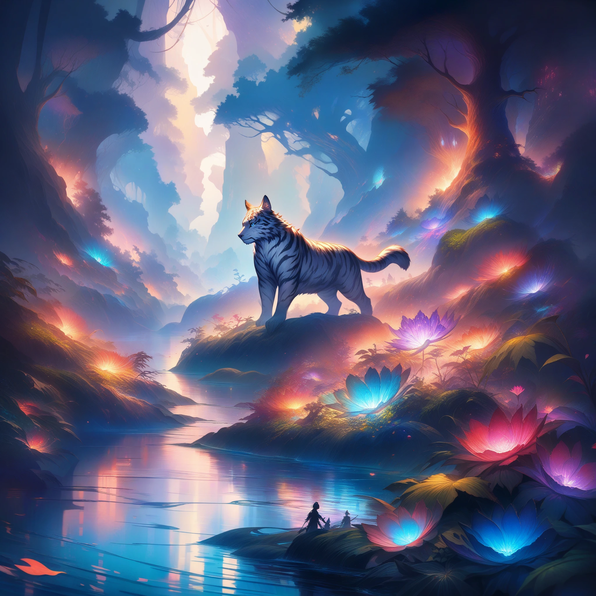 detailed fur on anthro, vibrant and realistic colors, surreal landscape, ethereal atmosphere, mystical forest, magical moonlight, dreamlike reflections of water, dynamic composition, enchanting scene, intense and captivating emotions, intricate and fascinating details, brushstrokes soft on the canvas, harmonious color palette, striking contrast between light and dark, mythical creatures, powerful and majestic presence, deep connection between the tiger woman and the wolf woman, enigmatic and stimulating story.
Note: Be sure to adjust the intensity of keywords (such as “official art: 1.2” and “2D: 1.5”) as needed to emphasize certain aspects of the prompt.